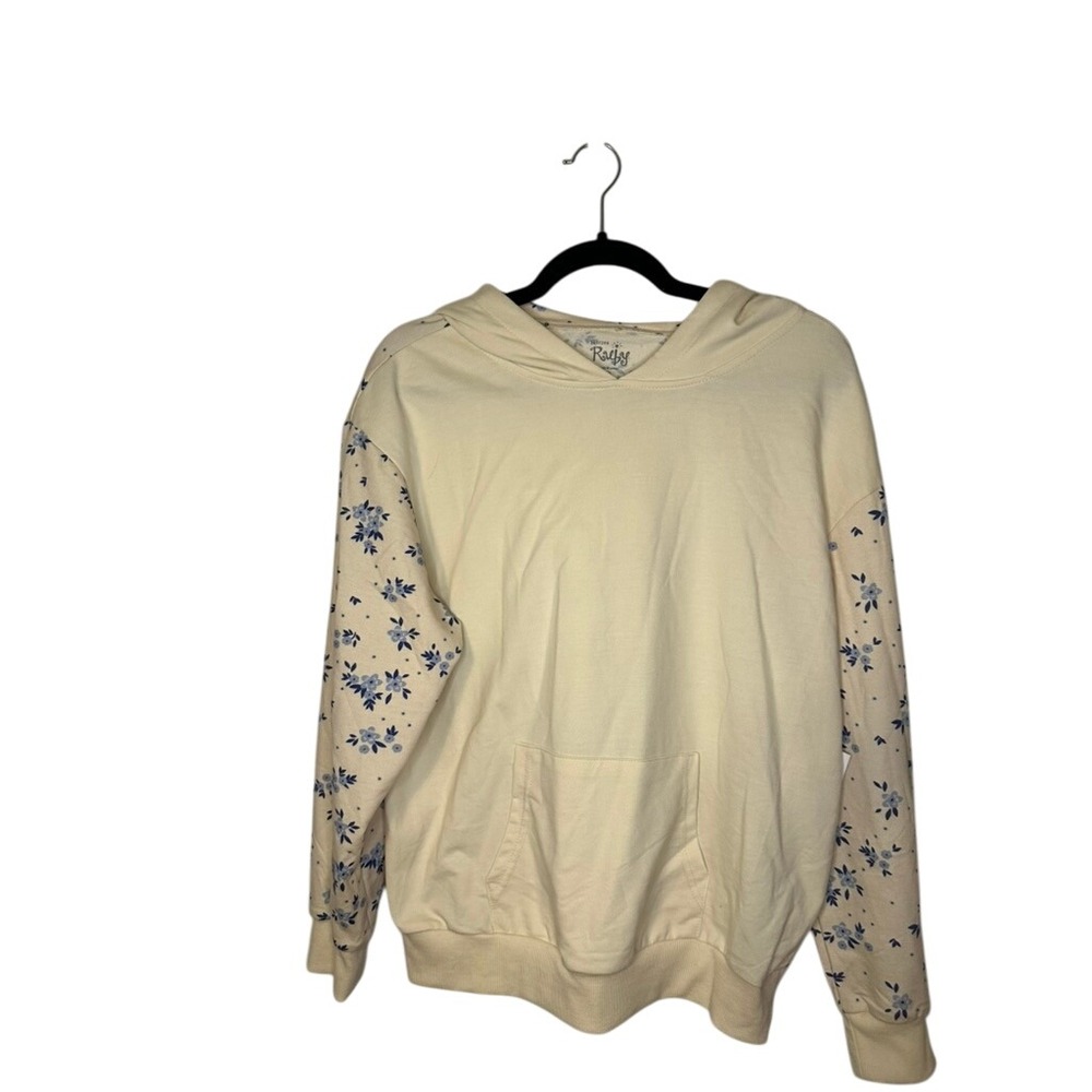 Jantzen Ruby Floral Hoodie Beige Blue Accents Pouch Pocket‎ Medium Casual NWT